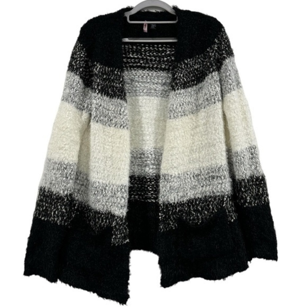 Women’s Black White Grey Fuzzy Soft Cozy Open Front Cardigan Sweater Large